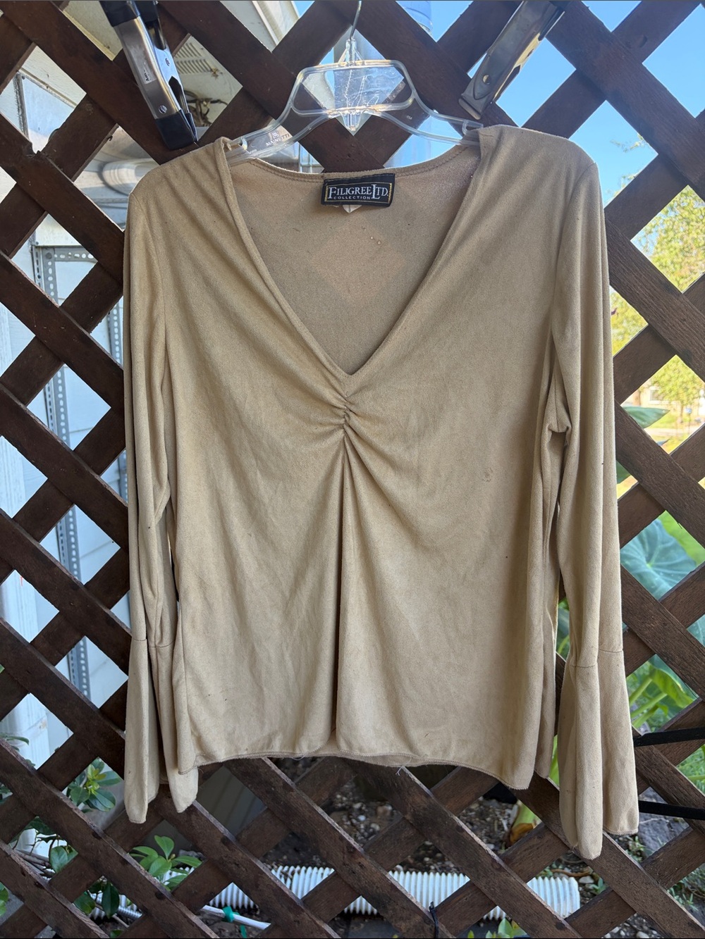 Women's V-Neck Gathered Front Long Sleeve Top - Tan western vintage